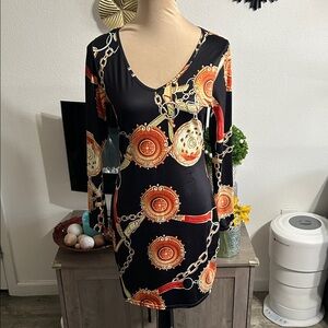 Black Chain & Medallion Print Long Sleeve Dress